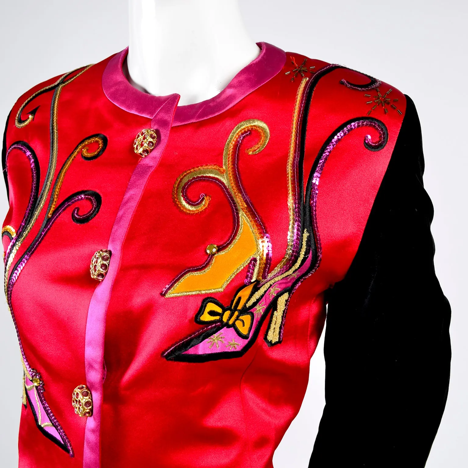 1990s Escada Blazer Jacket in Red Black and Pink Novelty Shoe Print