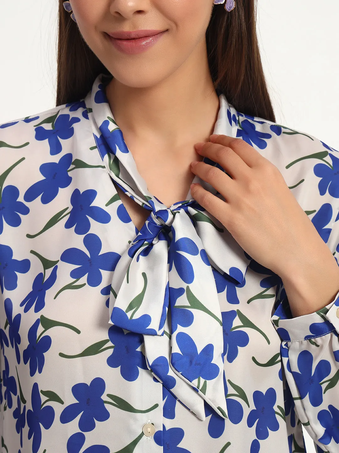 Blueberry Floral Print Bow Shirt