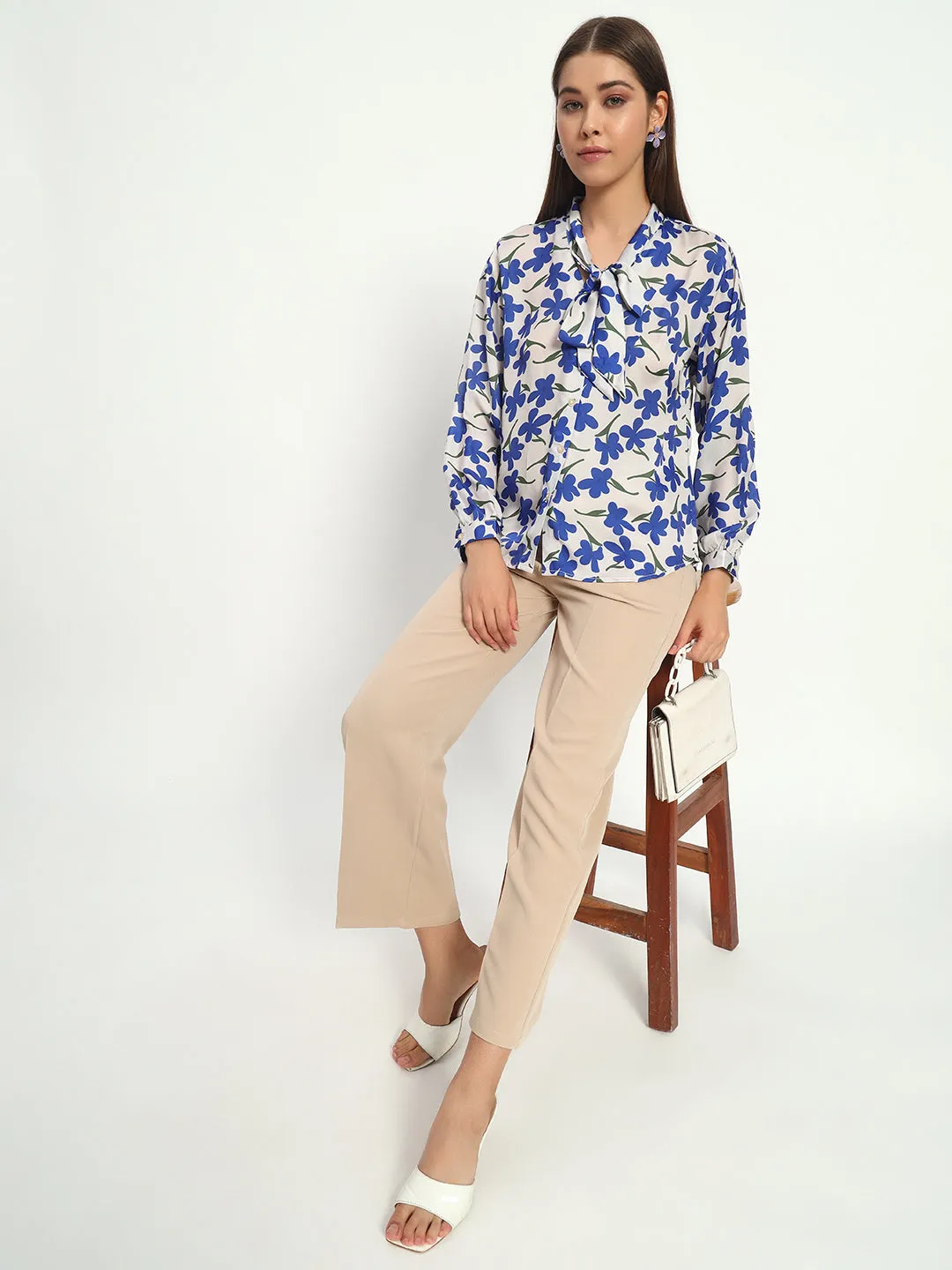 Blueberry Floral Print Bow Shirt