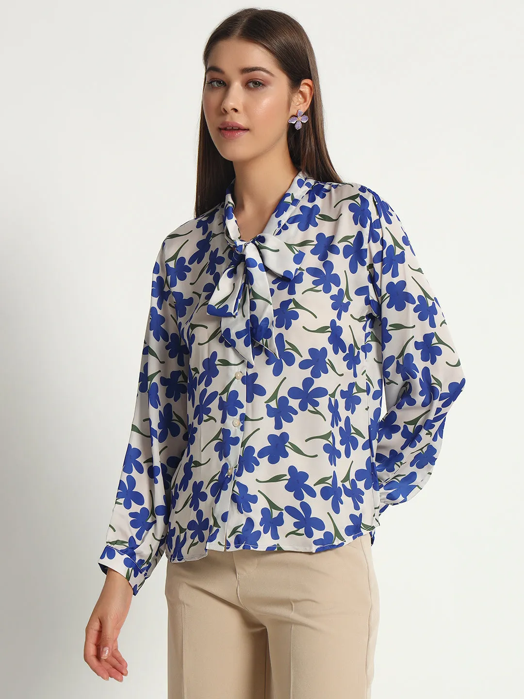 Blueberry Floral Print Bow Shirt