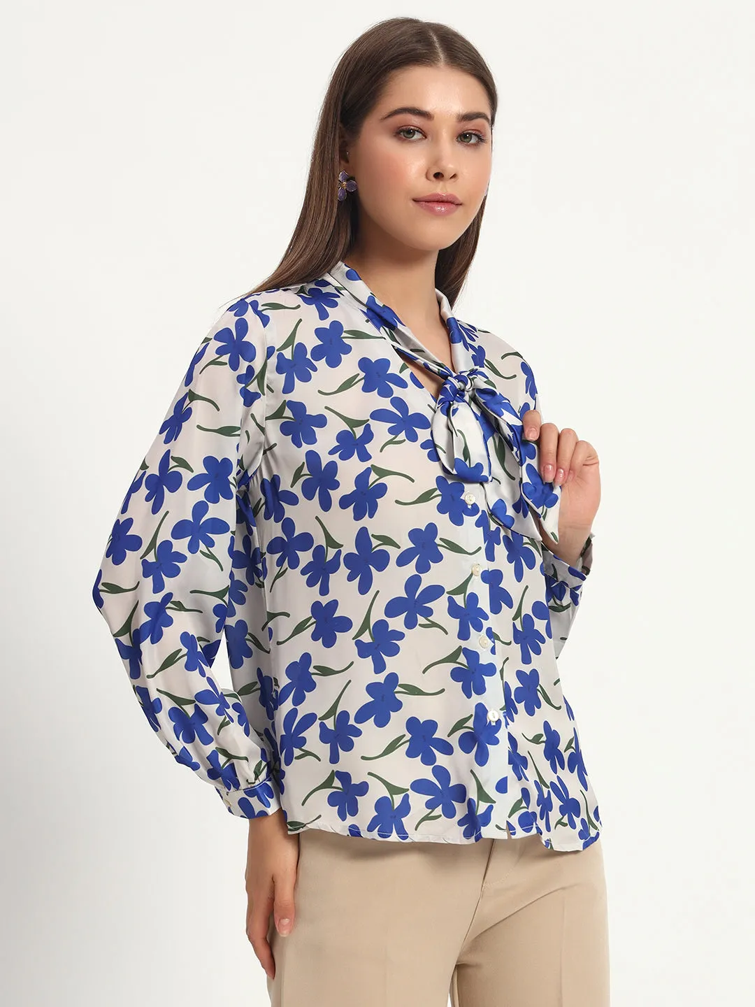 Blueberry Floral Print Bow Shirt