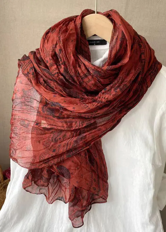 Bohemian Dull Red Print Wrinkled Linen Scarf ML2264