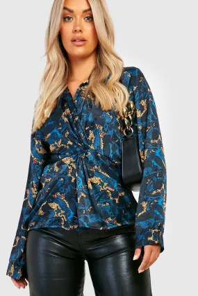 Boohoo Leopard Paisley Satin Plus Shirt Blue