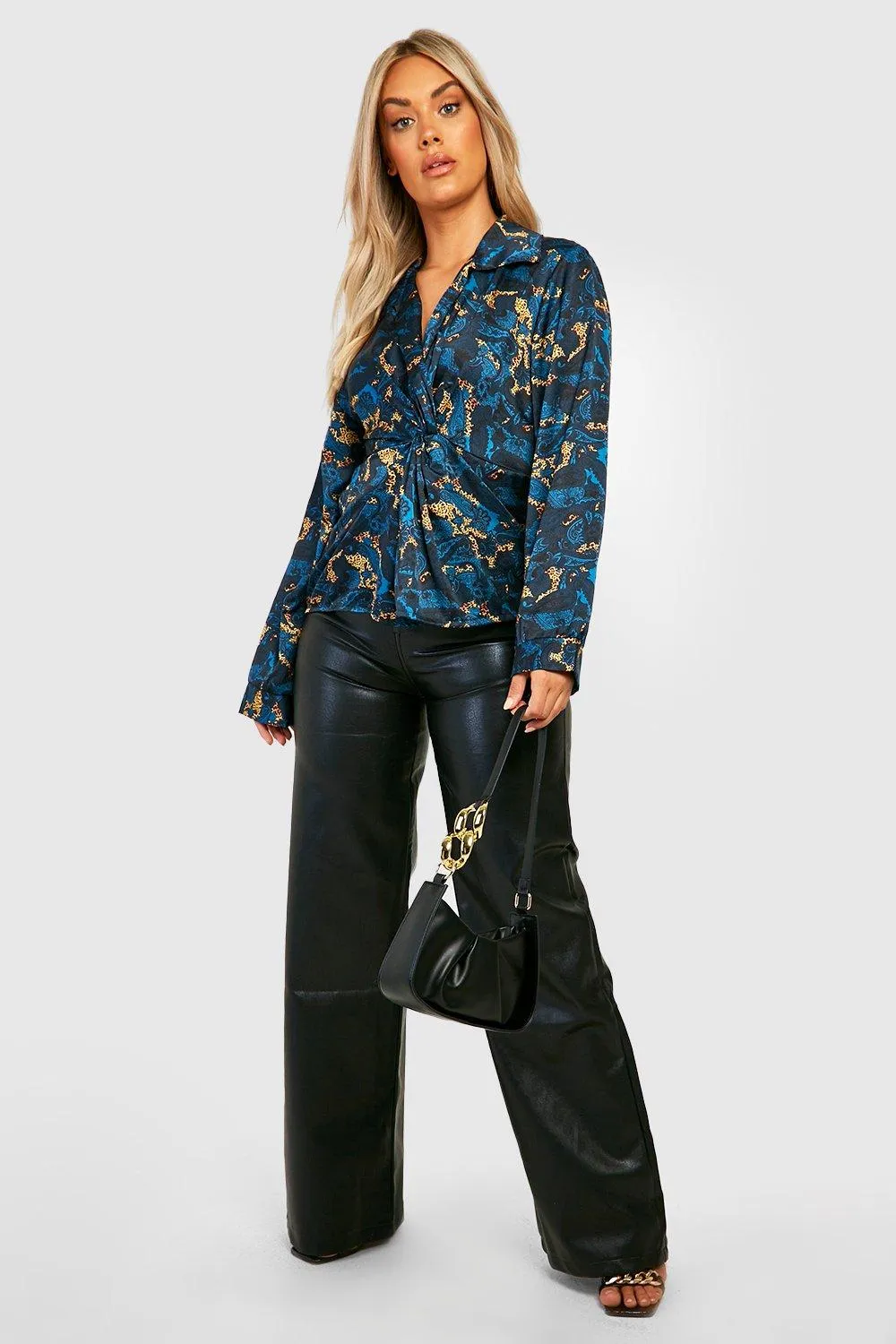 Boohoo Leopard Paisley Satin Plus Shirt Blue