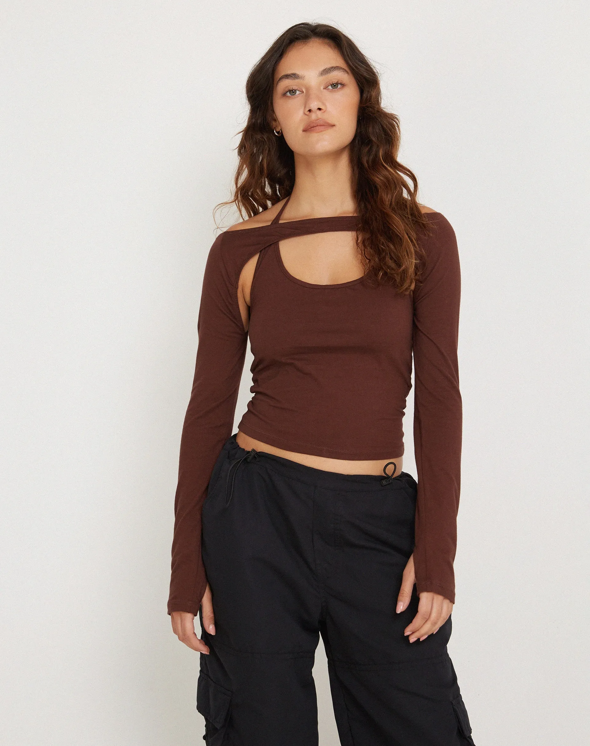 Braja Long Sleeve Halterneck Top in Seal Brown