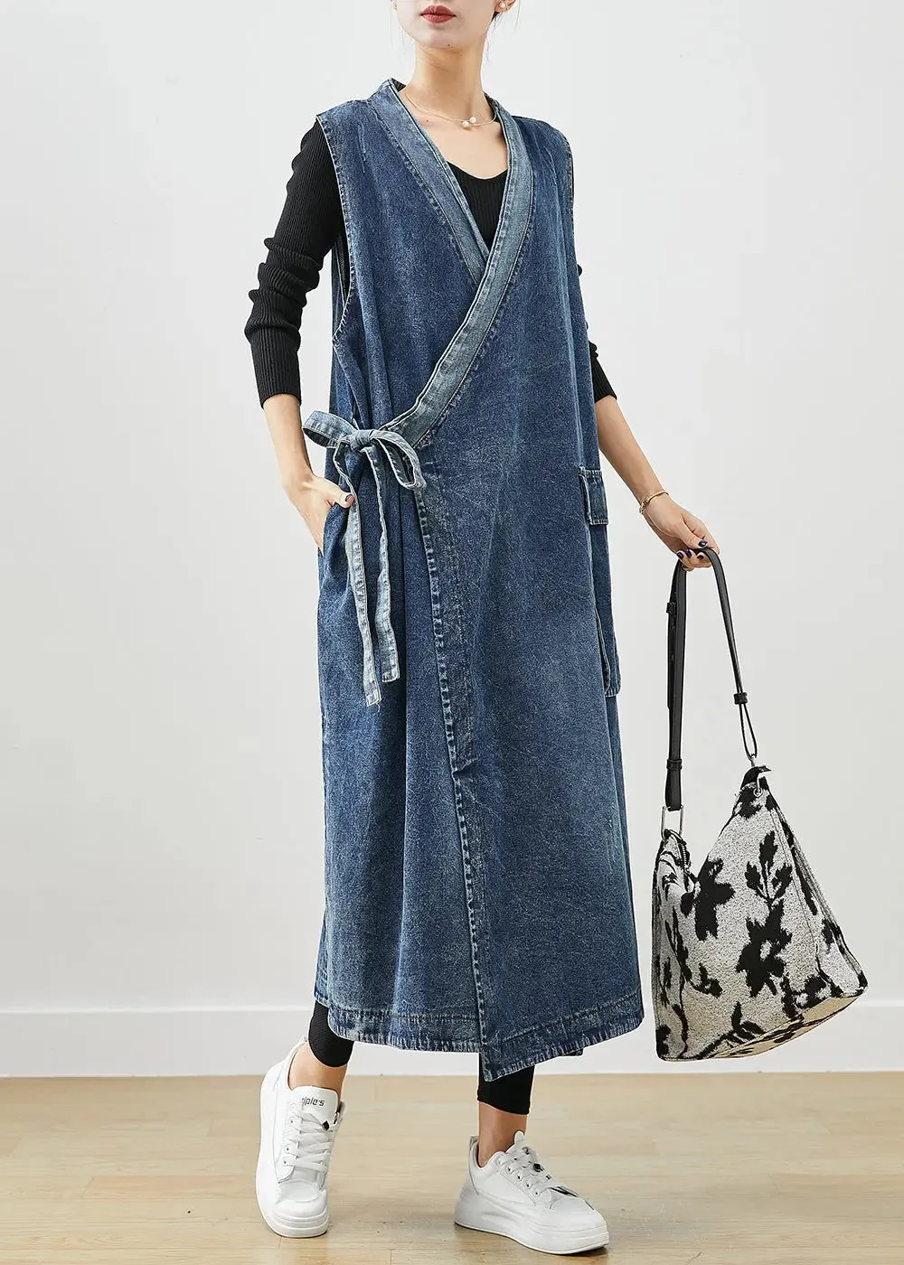 Casual Blue Oversized Lace Up Denim Long Vests Fall ML1207