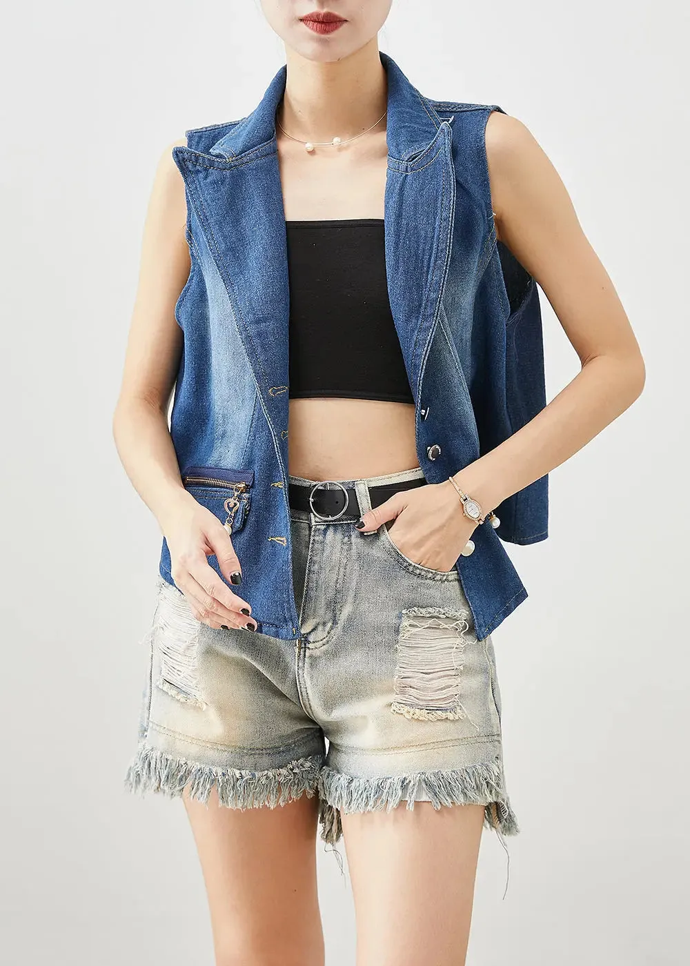 Classy Blue Zip Up Silm Fit Denim Vests Fall ML0460