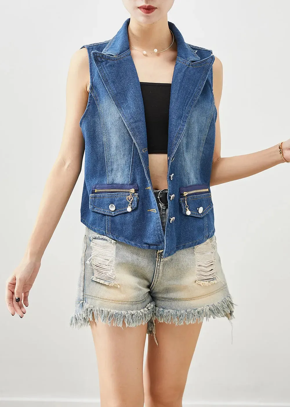 Classy Blue Zip Up Silm Fit Denim Vests Fall ML0460