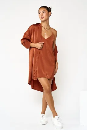 Cognac Satin Slip On Dress And Shirt Set