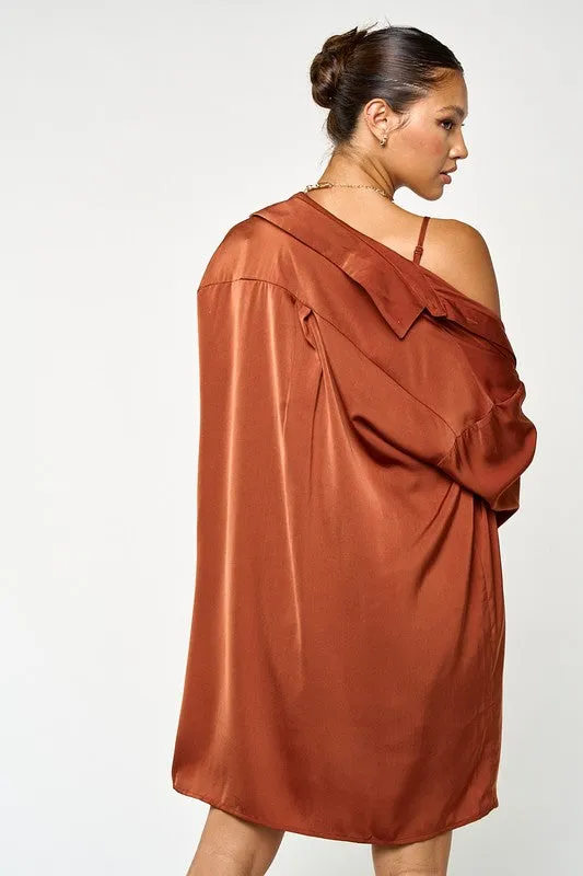 Cognac Satin Slip On Dress And Shirt Set