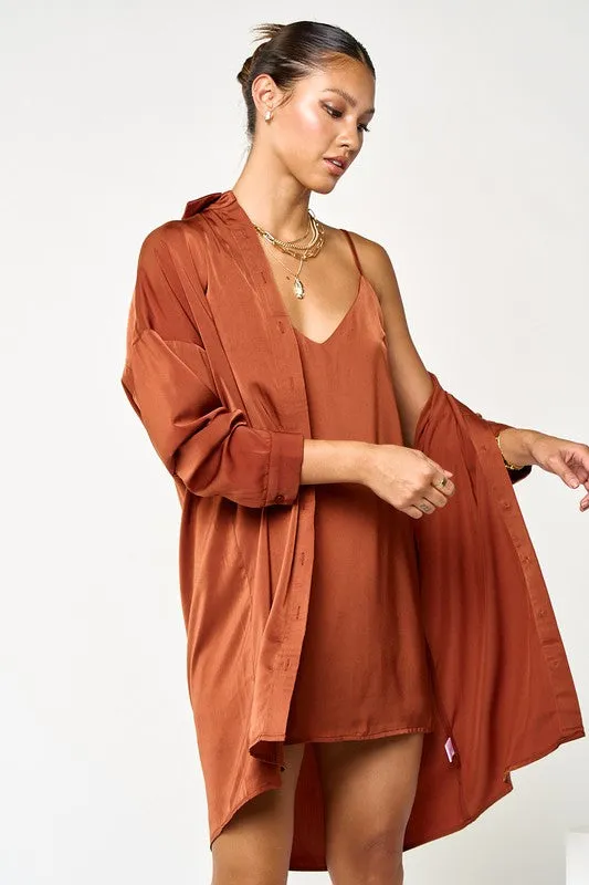 Cognac Satin Slip On Dress And Shirt Set