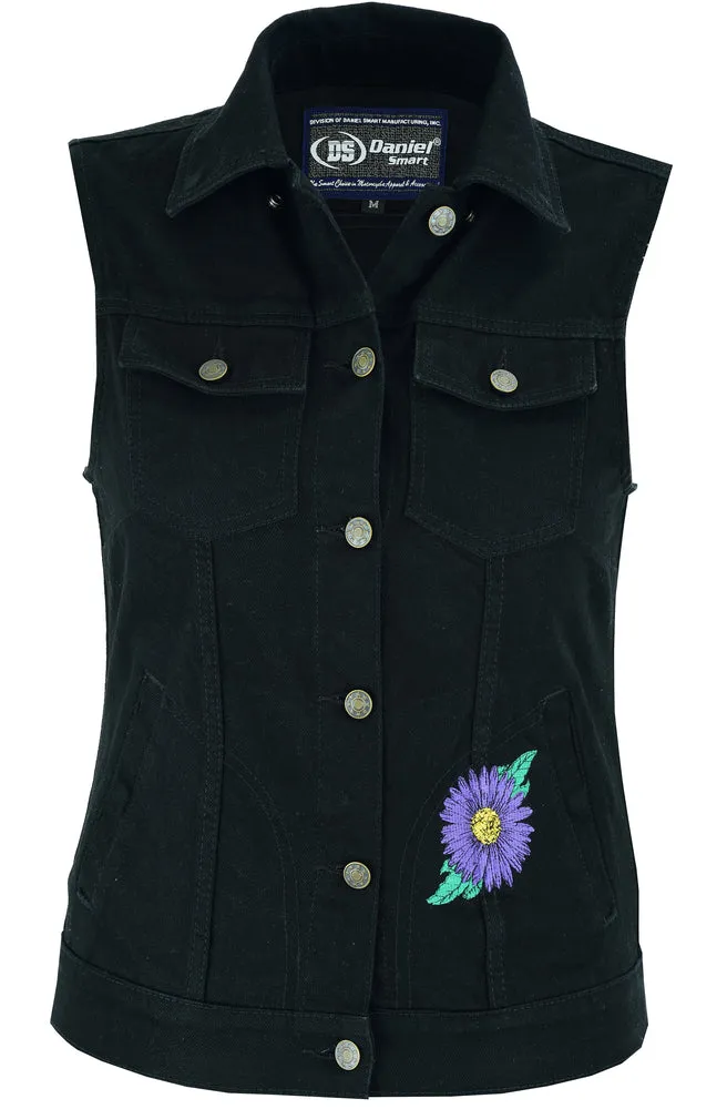 DM945 Women's Black Denim Snap Front Vest with Purple Daisy