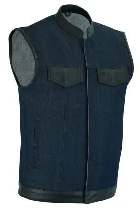 DM961 Men's Broken Blue RoughRub-Off Raw Finish Denim Vest W/Leather