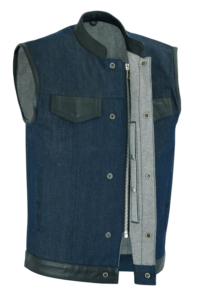 DM961 Men's Broken Blue RoughRub-Off Raw Finish Denim Vest W/Leather