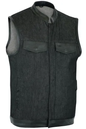 DM962 Men's Rough Rub-Off Raw Finish Denim Vest W/Leather Trim - Scoo