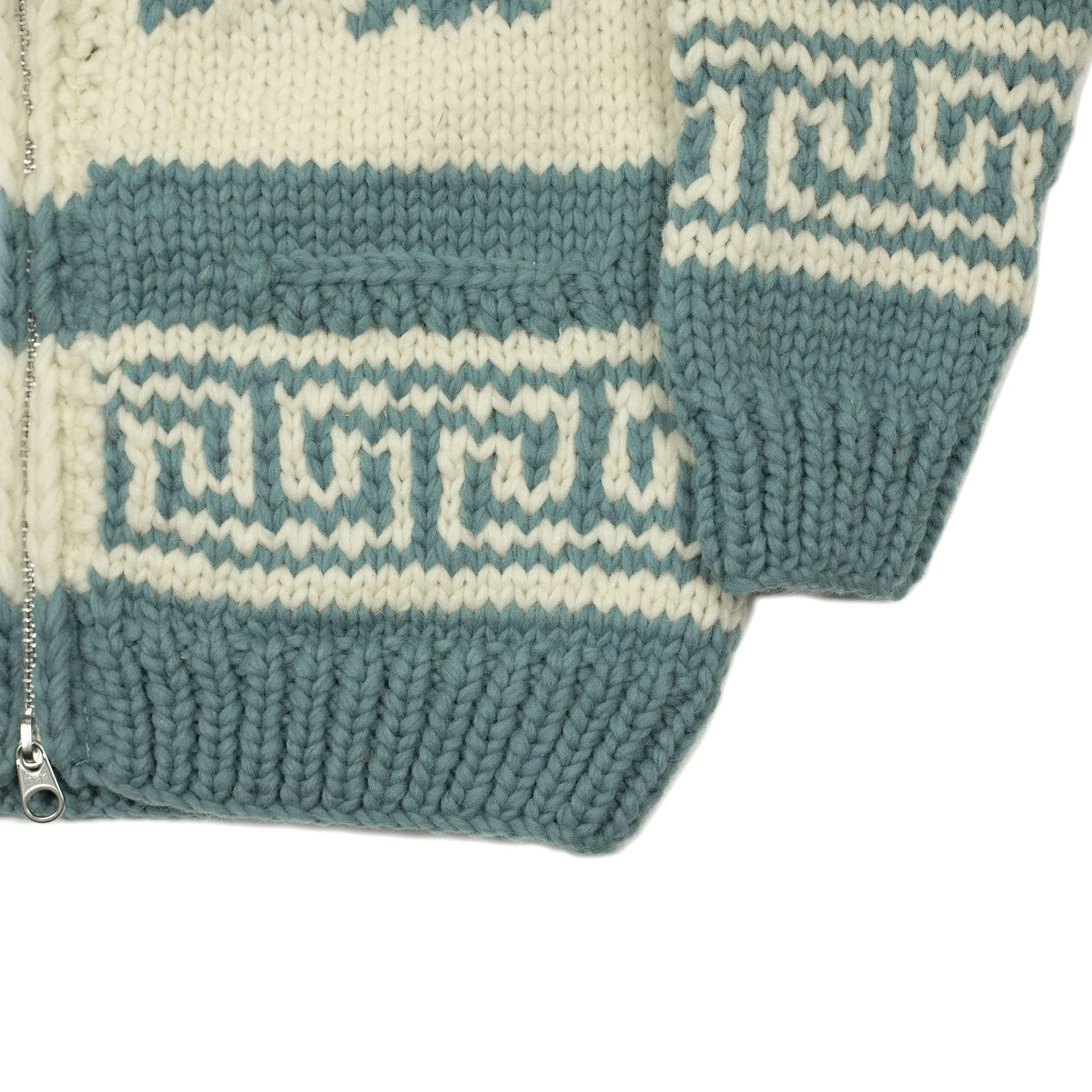 Eagle hand-knit Cowichan cardigan, country blue & white, 6-ply wool