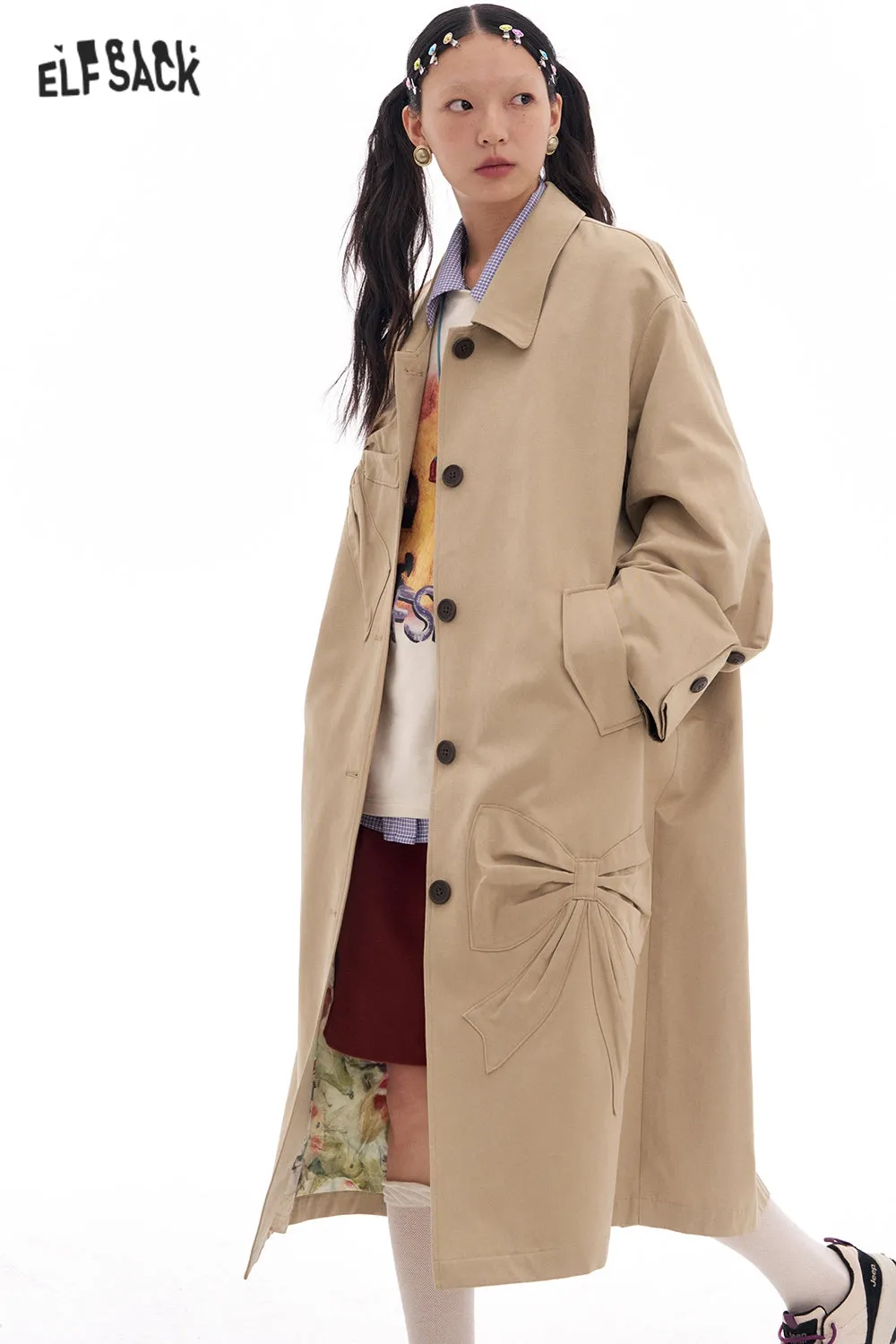 ELFSACK 2025 Spring New Arrivals Bowknot Khaki Trench Coat Women Fashion Korean Elegant Outerwear Woman Lapel Mid-length Coat Female