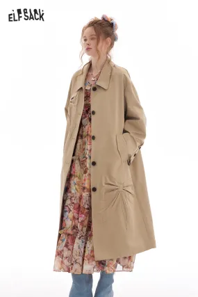 ELFSACK 2025 Spring New Arrivals Bowknot Khaki Trench Coat Women Fashion Korean Elegant Outerwear Woman Lapel Mid-length Coat Female