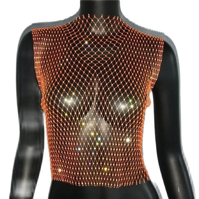 FestivalQueen Sexy Diamonds Mesh Cropped Tank Top Women Summer Cover Up Bikini See Through Rhinestone Net Party Club Crop Top