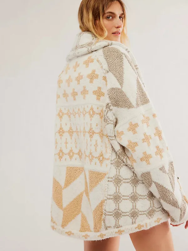 Geometric Pattern Shawl Collar Sweater Cardigan