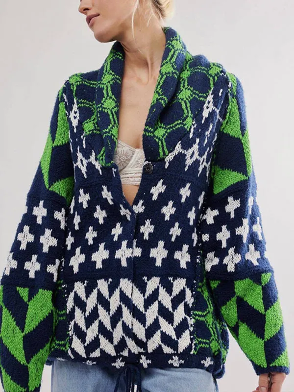 Geometric Pattern Shawl Collar Sweater Cardigan