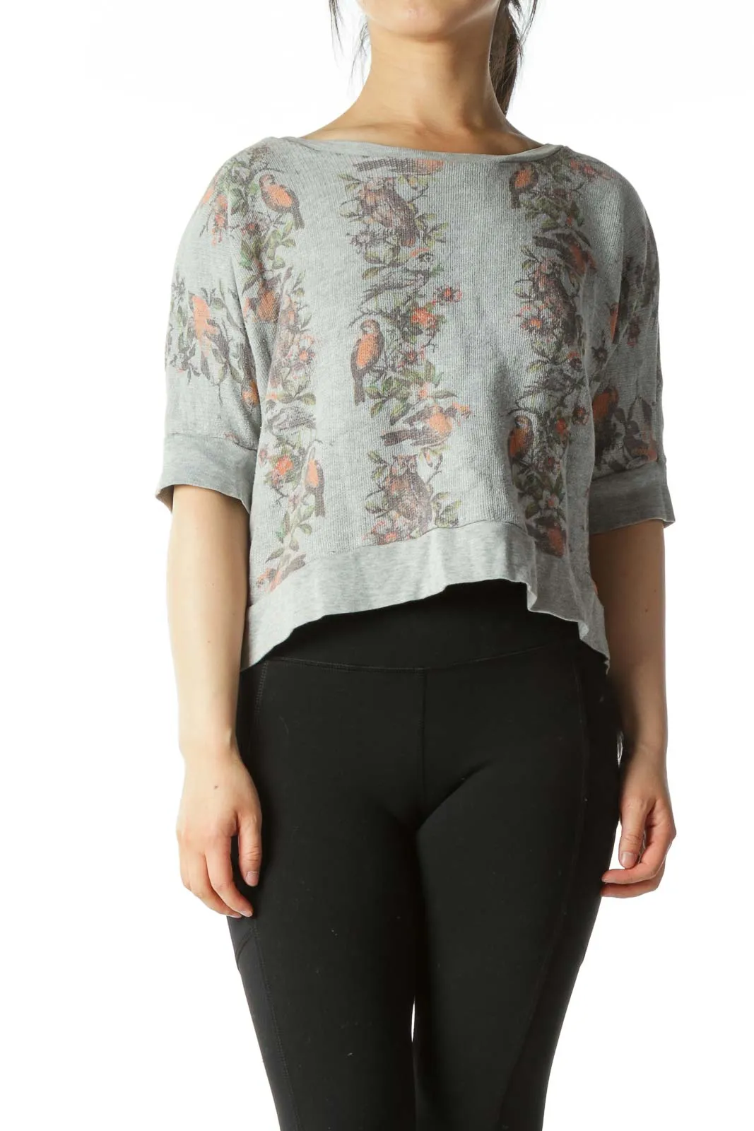 Gray Floral Cropped Short-Sleeve Sweatshirt