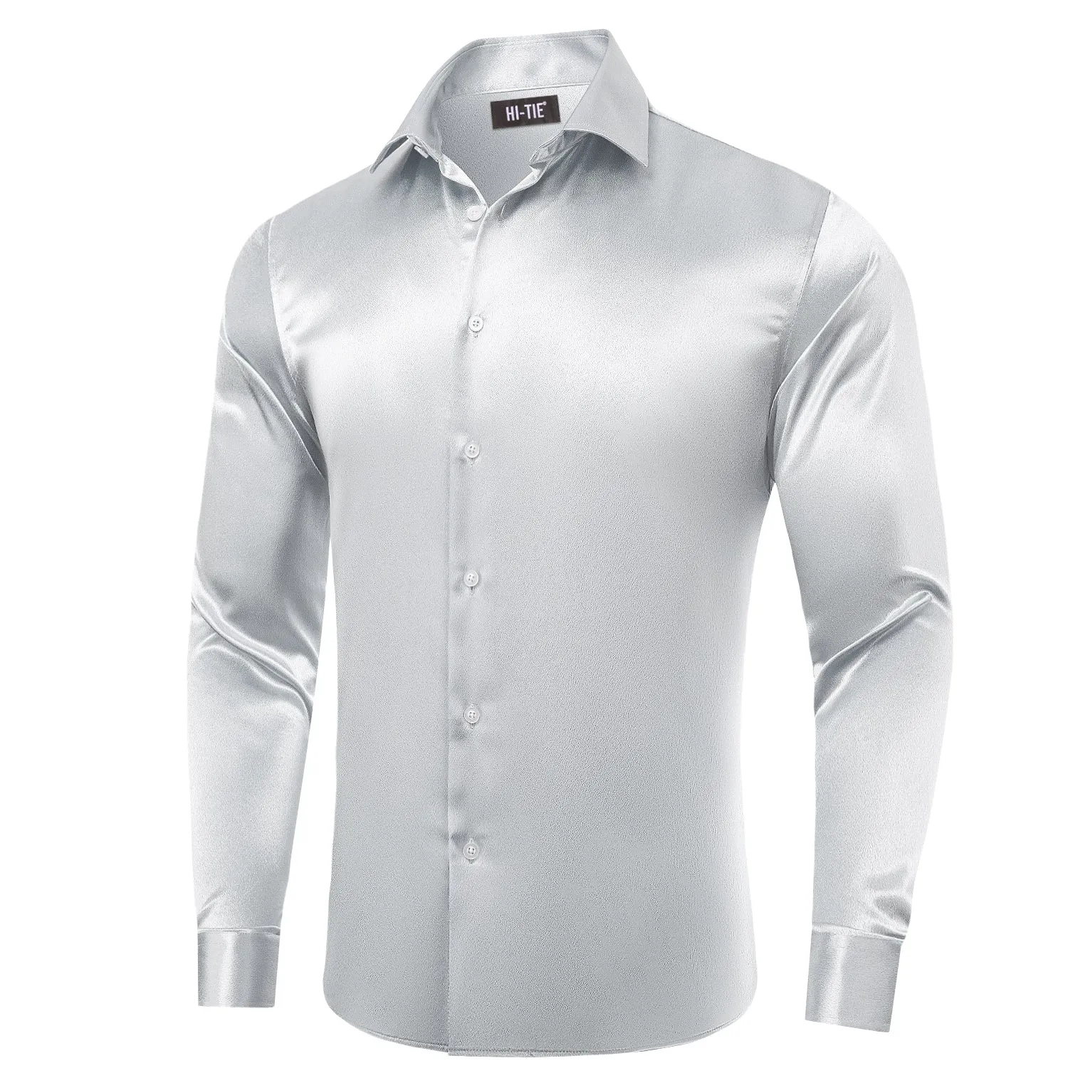 Grey Silver Solid Satin Silk Men Long Sleeve Dress Shirt