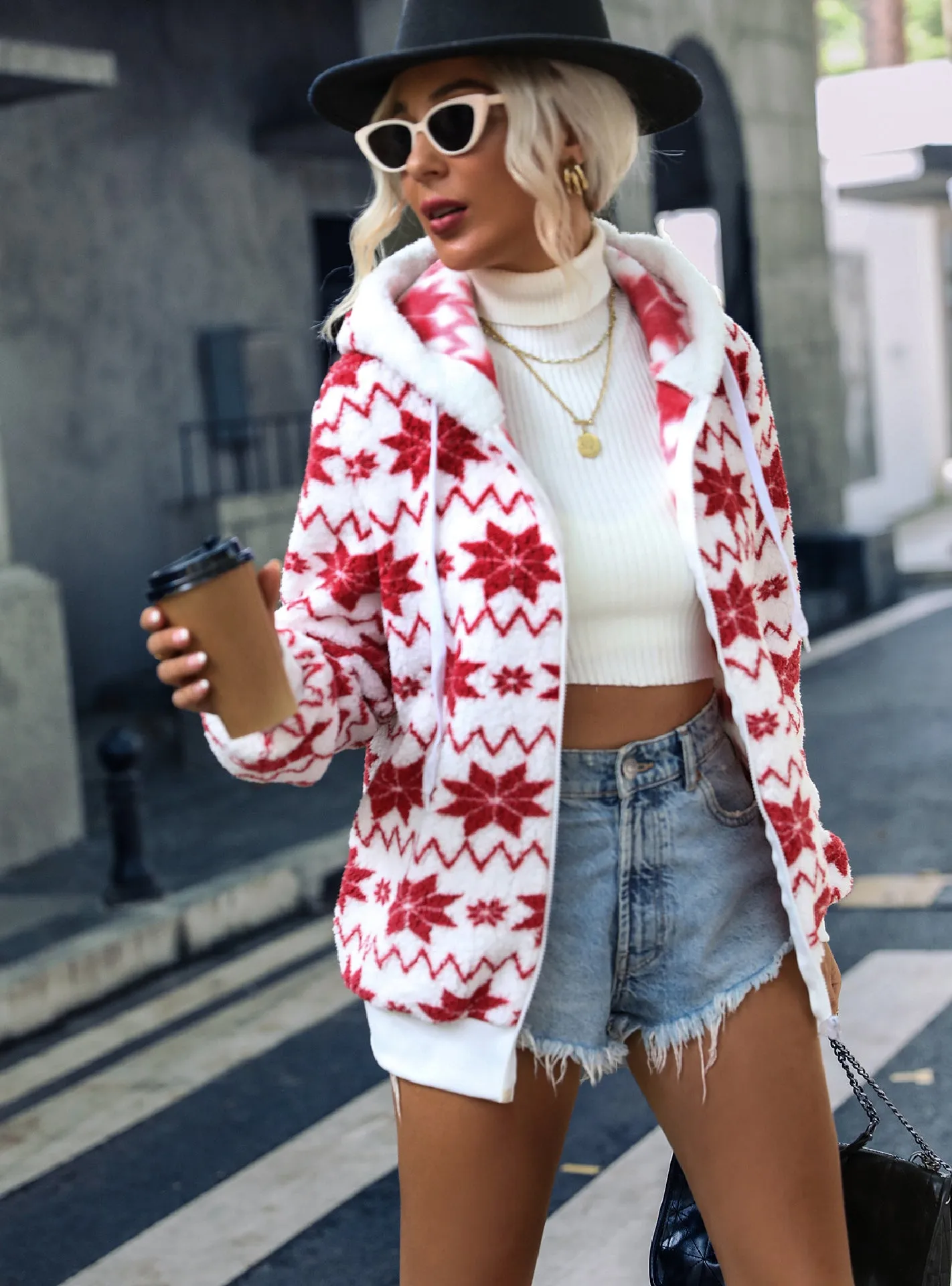 Hooded Geometric Print Long Sleeve Zipper Plush Coat