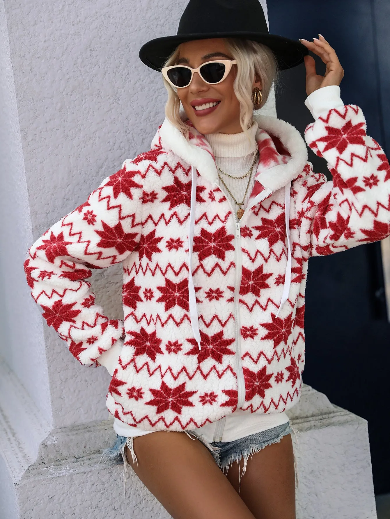 Hooded Geometric Print Long Sleeve Zipper Plush Coat