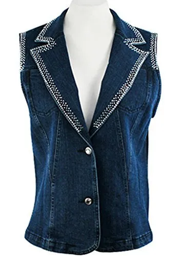 Katina Marie Sleeveless Rhinestone Trimmed Pockets Button Front Dark Denim Vest