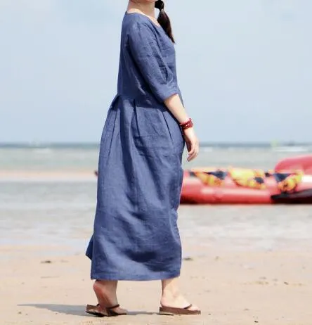 Linen Women Dresses 3/4 Sleeves O Neck Dresses Spring Summer Women Dresses XH9659