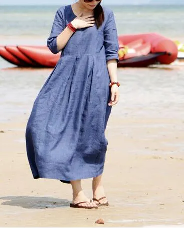 Linen Women Dresses 3/4 Sleeves O Neck Dresses Spring Summer Women Dresses XH9659