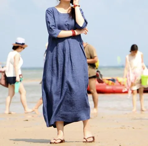 Linen Women Dresses 3/4 Sleeves O Neck Dresses Spring Summer Women Dresses XH9659