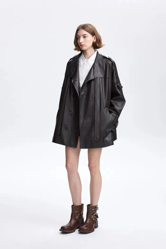 Liu Cape Oversized Short Trench Coat in Vegan Leather