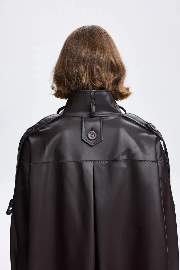 Liu Cape Oversized Short Trench Coat in Vegan Leather