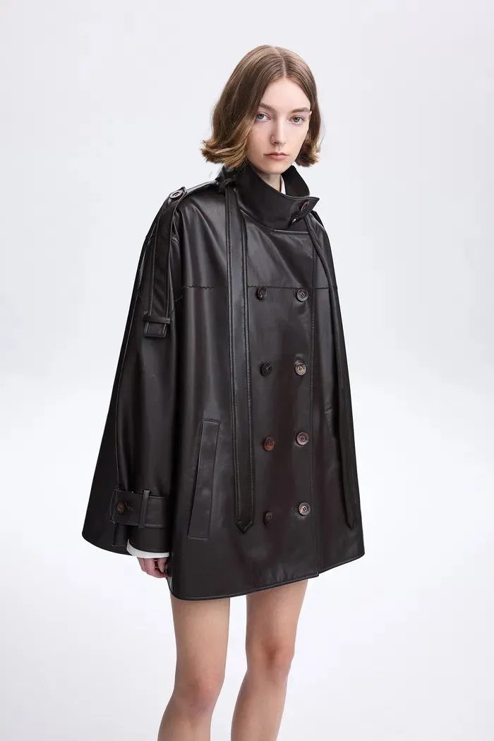 Liu Cape Oversized Short Trench Coat in Vegan Leather