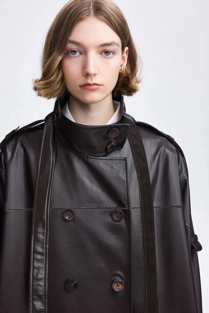 Liu Cape Oversized Short Trench Coat in Vegan Leather