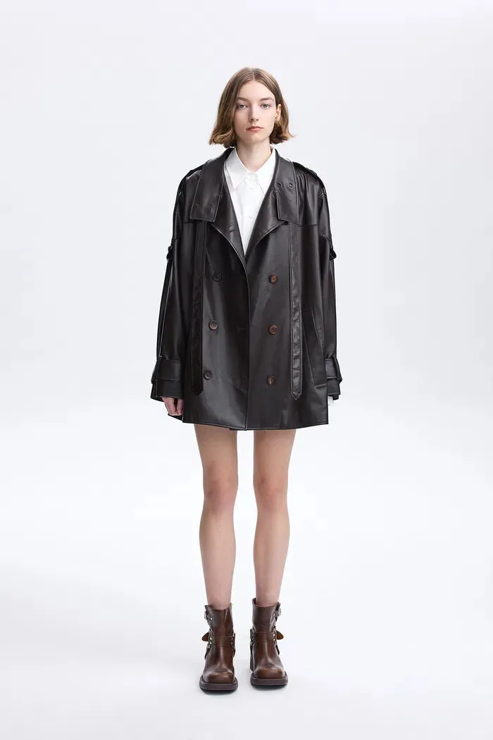 Liu Cape Oversized Short Trench Coat in Vegan Leather