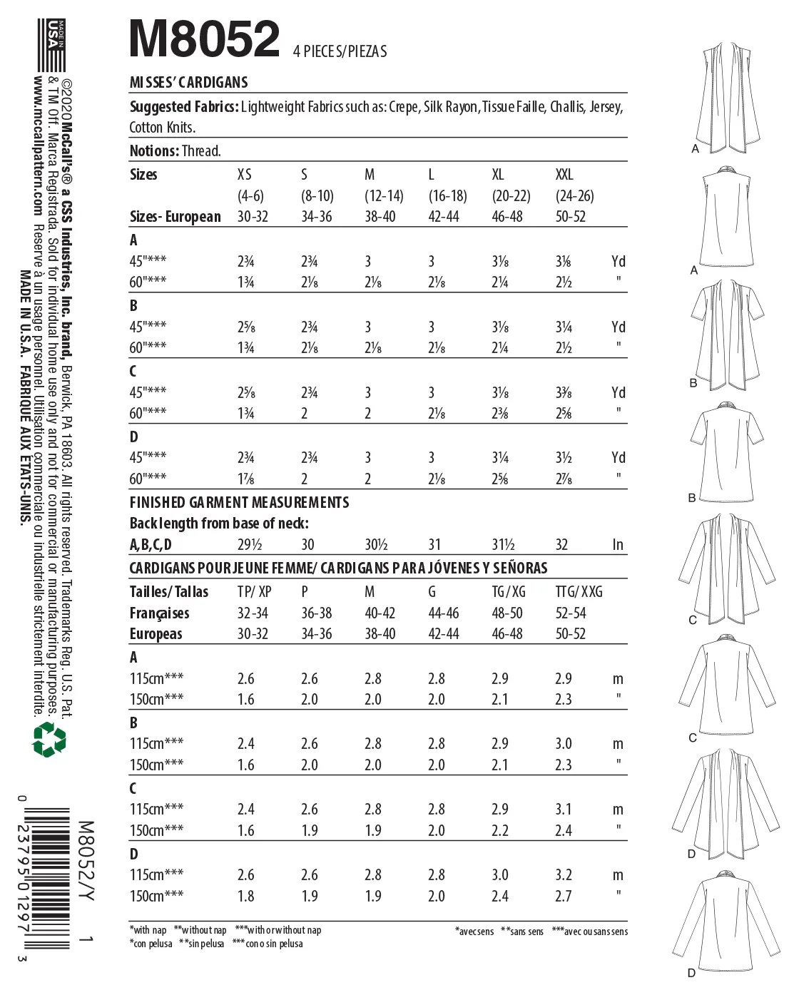 McCall's pattern 8052 Shawl Collar Cardigans