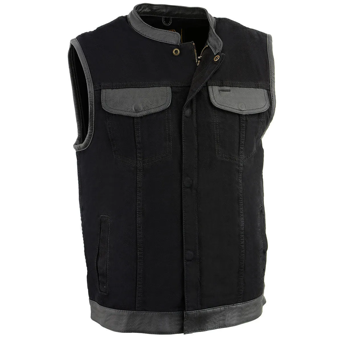 Milwaukee Leather MDM3010 Men's Black Denim Club Vest with Leather Trim and Hidden Zipper