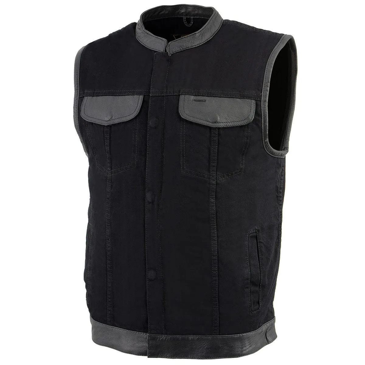 Milwaukee Leather MDM3010 Men's Black Denim Club Vest with Leather Trim and Hidden Zipper