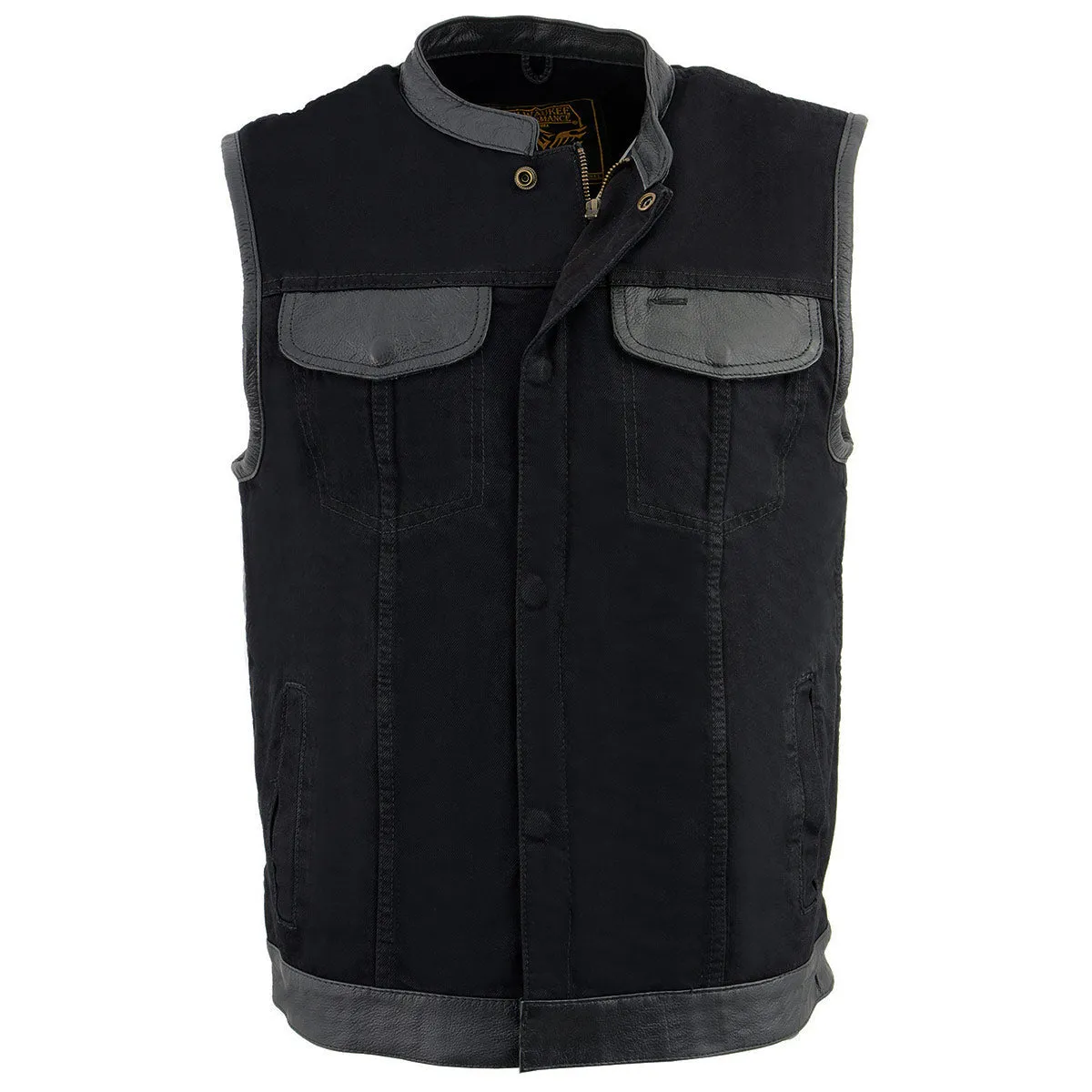 Milwaukee Leather MDM3010 Men's Black Denim Club Vest with Leather Trim and Hidden Zipper