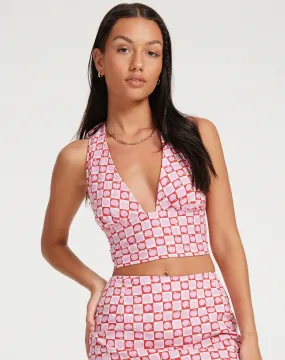 Nanda Crop Top in Apple Check Blush Red