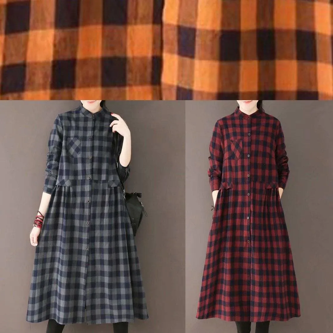 Natural Burgundy Plaid Quilting Dresses Stand Collar Pockets Long Spring Dresses