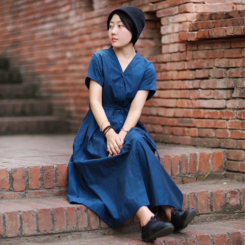 Navy Blue Linen Women Dresses Short Sleeves Spring Summer Women Dresses Waist Belt Design WC961826