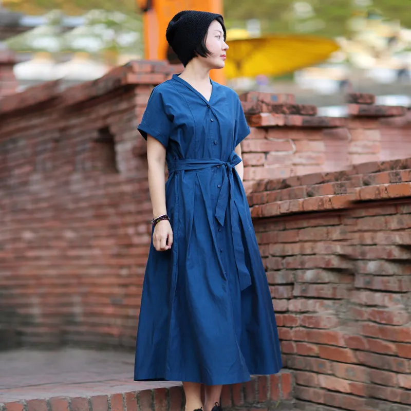 Navy Blue Linen Women Dresses Short Sleeves Spring Summer Women Dresses Waist Belt Design WC961826