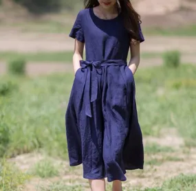 Navy Linen Dresses O Neck Waist Belt Summer Midi Dresses XH9527