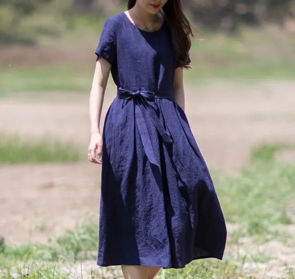 Navy Linen Dresses O Neck Waist Belt Summer Midi Dresses XH9527