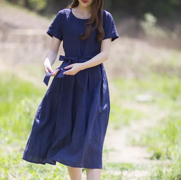 Navy Linen Dresses O Neck Waist Belt Summer Midi Dresses XH9527