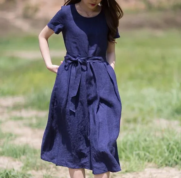 Navy Linen Dresses O Neck Waist Belt Summer Midi Dresses XH9527